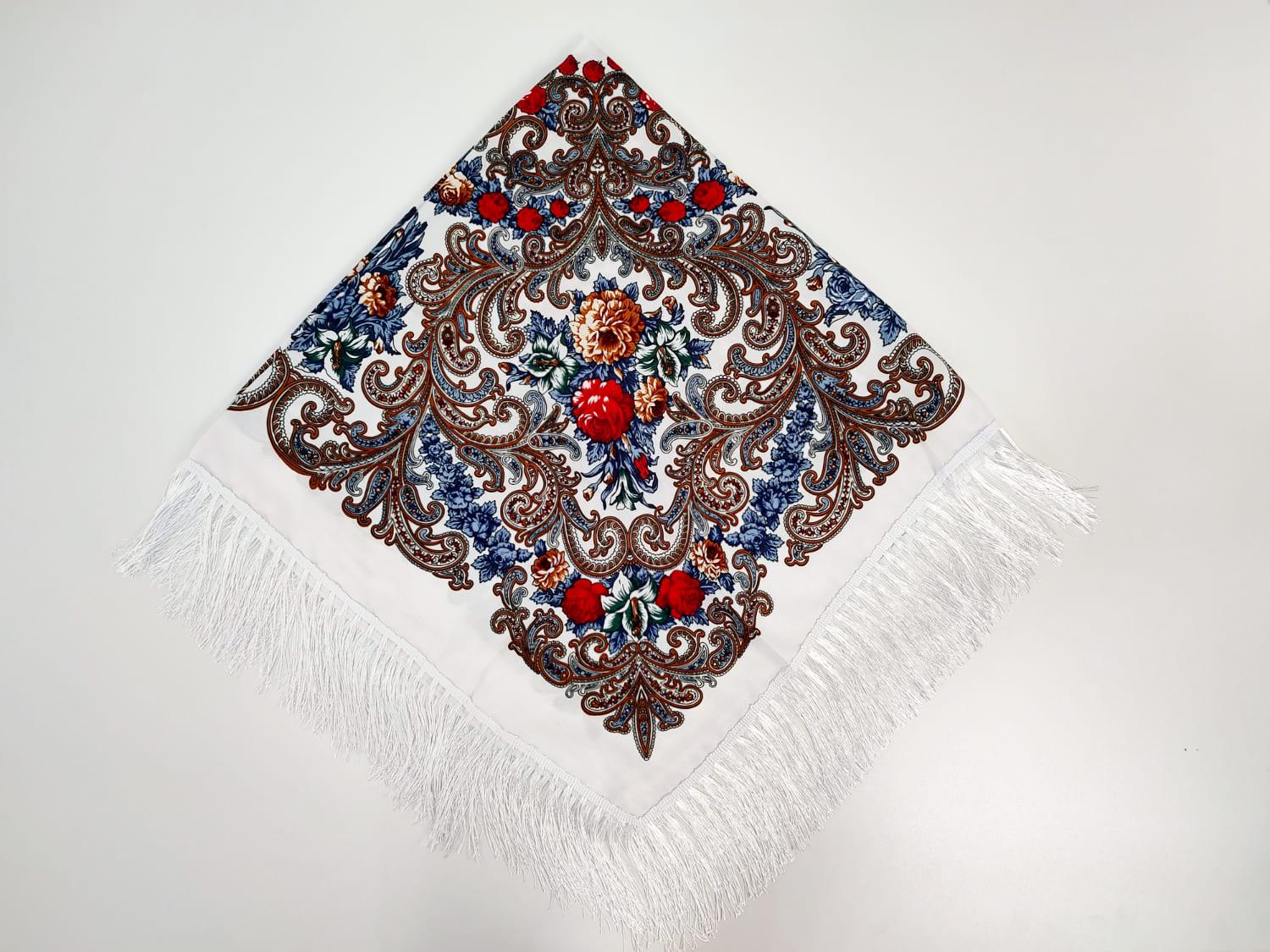 Платок в народном стиле Букет цветов 120х120 см Белый М04 (29416909)