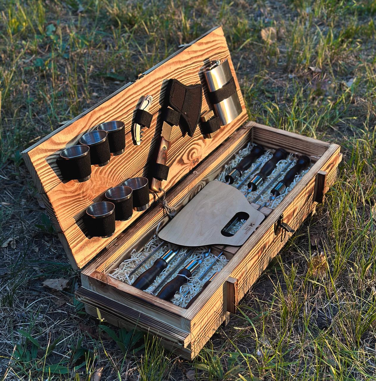 Набор подарков шампуров для пикника ручная работа с деревянной ручкой 16 предметов в деревянном чемодане
