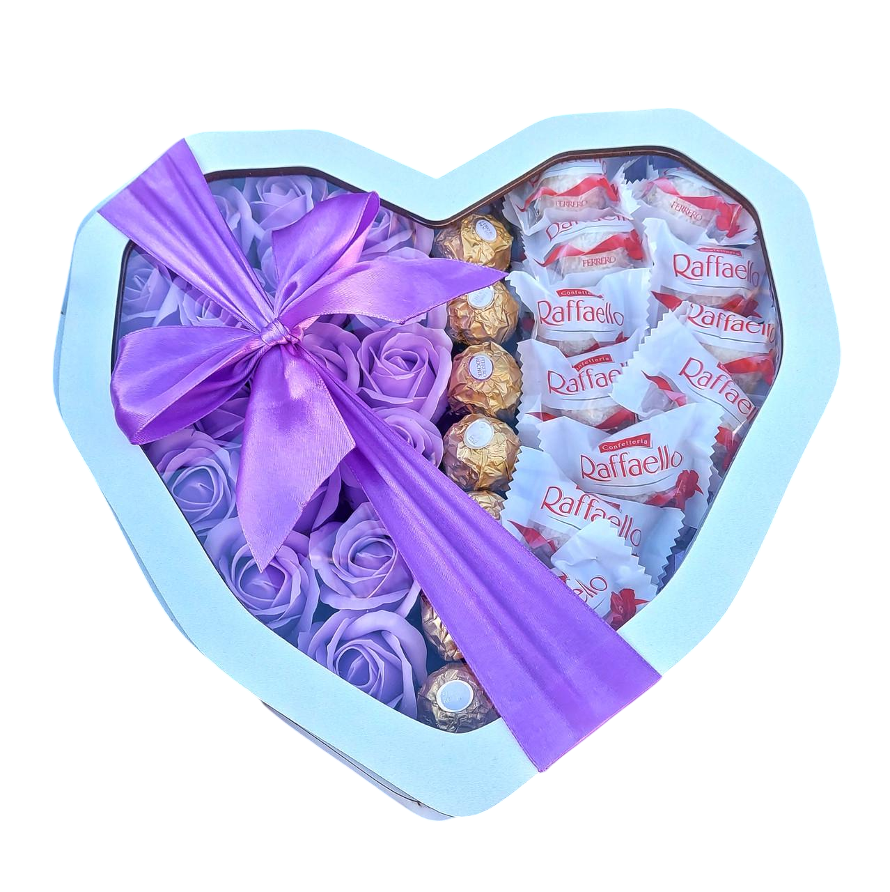 Подарунковий бокс Серце з мильними трояндами та ферерро роше 23 шт. Фіолетовий (1742991945)