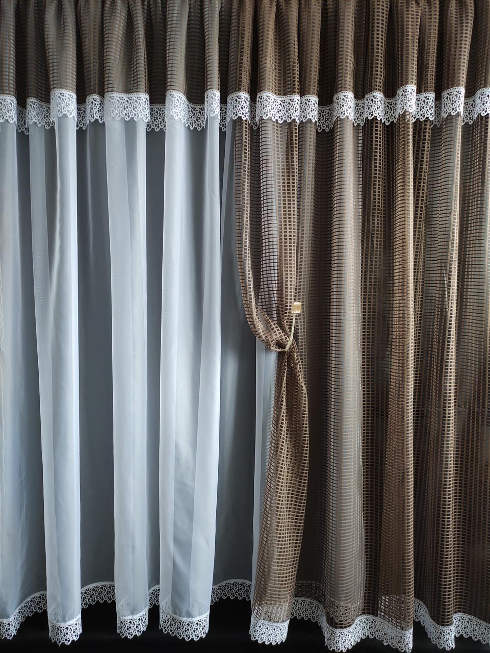 Тюль-сетка с подхватчиком 380x200 см Коричневый с белым (ромб-кор) - фото 1 Тюль-сетка с подхватчиком 380x200 см Коричневый с белым (ромб-кор) - фото 1