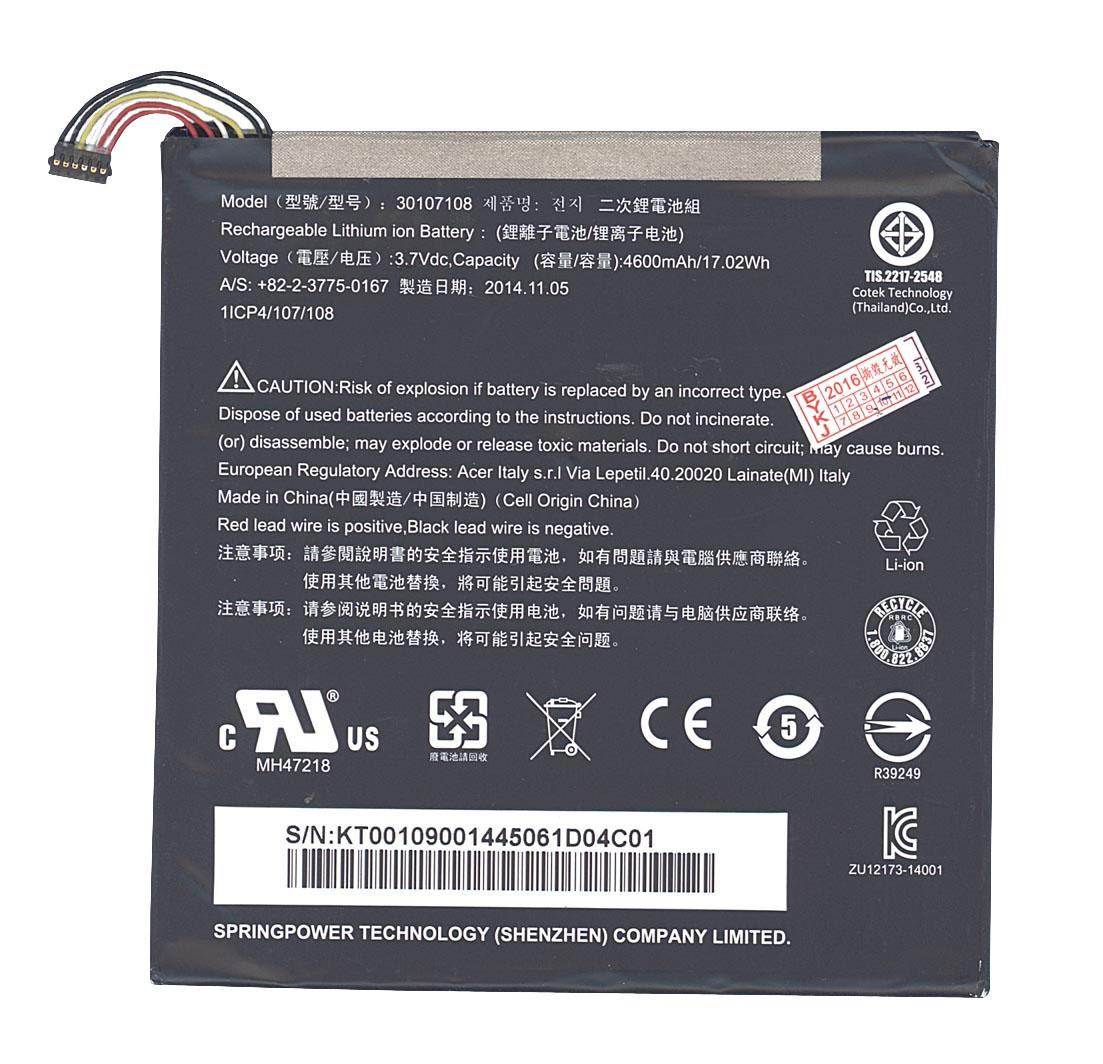 Аккумулятор для планшета Acer 30107108 Iconia Tab A1-840 3,7V 4600 mAh OEM Black