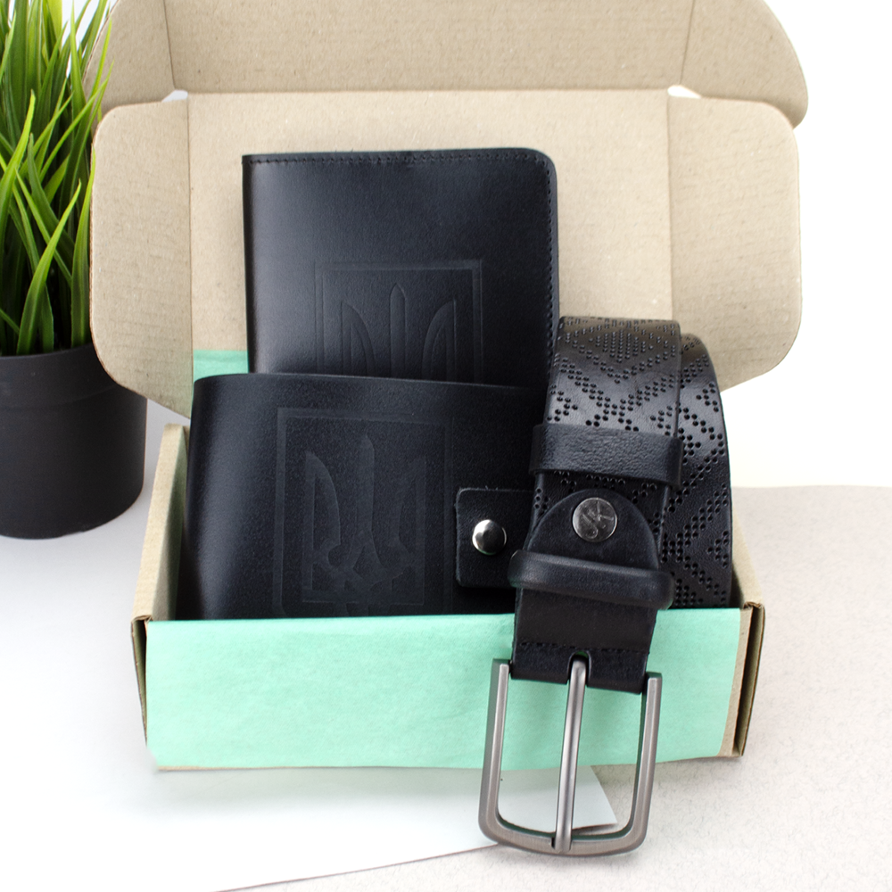 Подарочный мужской набор №77 портмоне/ремень/обложка на паспорт Черный глянцевый (1969401415)