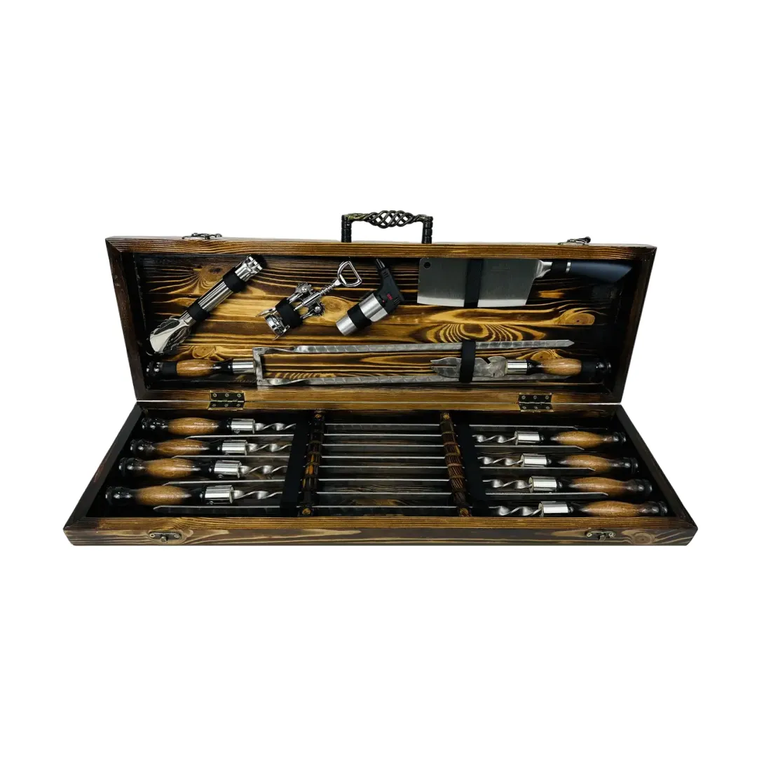 Набор шампуров в кейсе Трофей LUX люксовый ящик деревянный из нержавеющей стали (2-10-KS-7810)