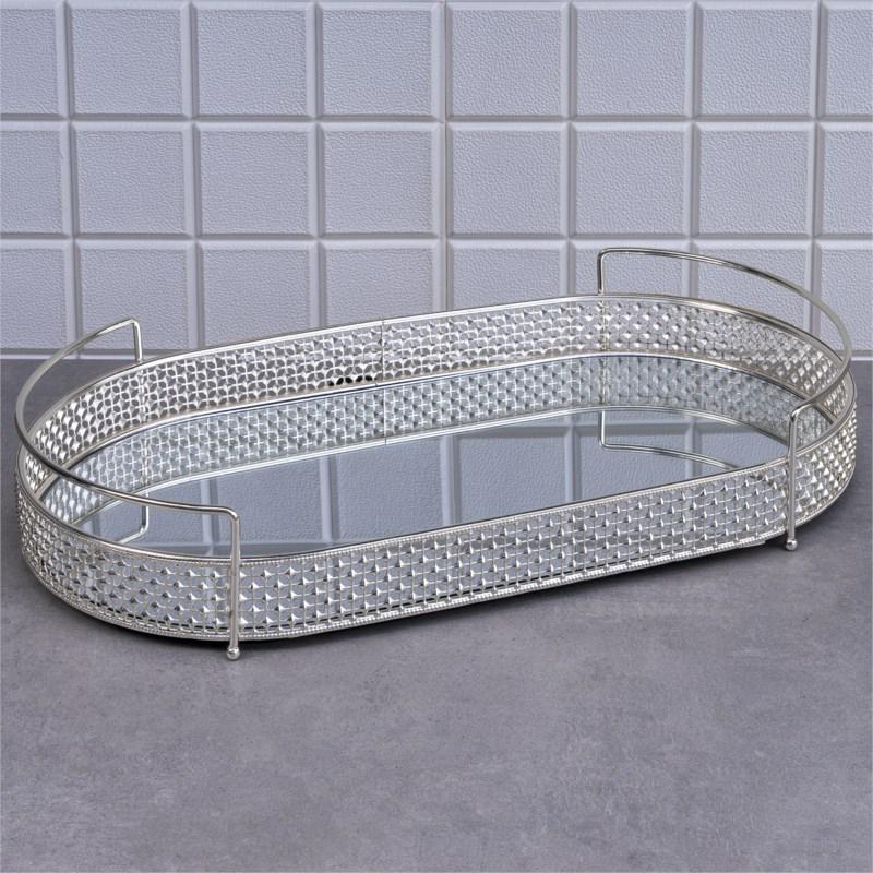 Блюдо сервировочное металлическое ручной работы с зеркальным основанием Zeyve Inci 53х28х9 см Серебро (S-PR004G)