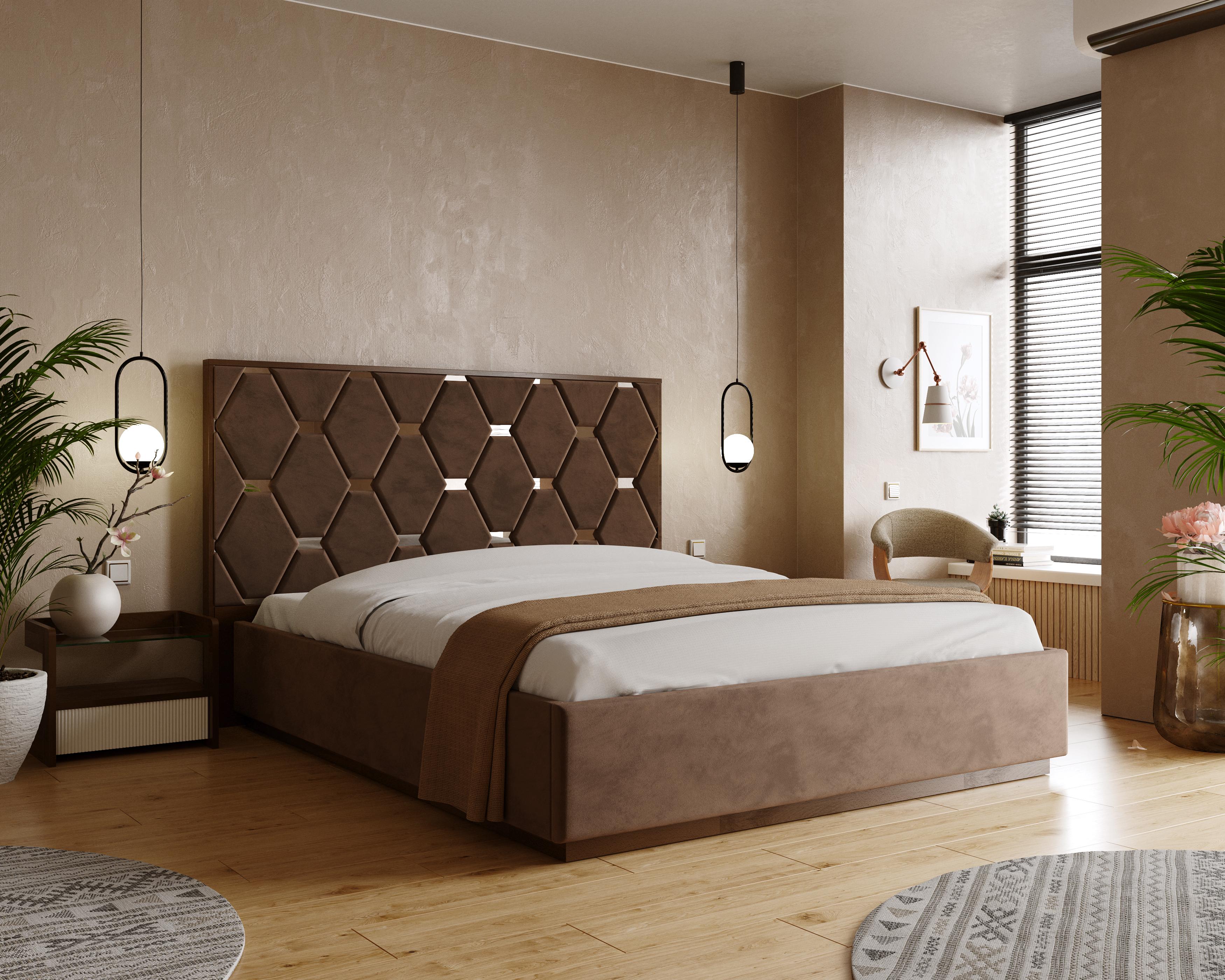 Кровать двуспальная Arbor Drev Оливия с основанием натуральное дерево сосна/ткань велюр Лагуна 14 160х200 см Орех темный/Коричневый (47139)