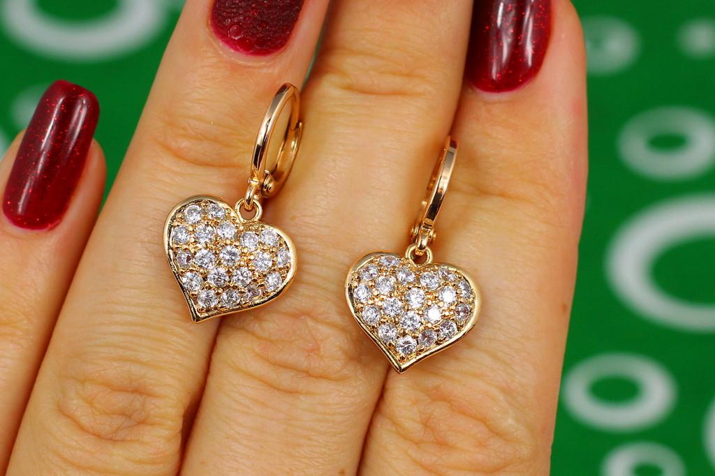 Серьги подвески Xuping Jewelry Сердечки с камнями 2,5 см Золотистый
