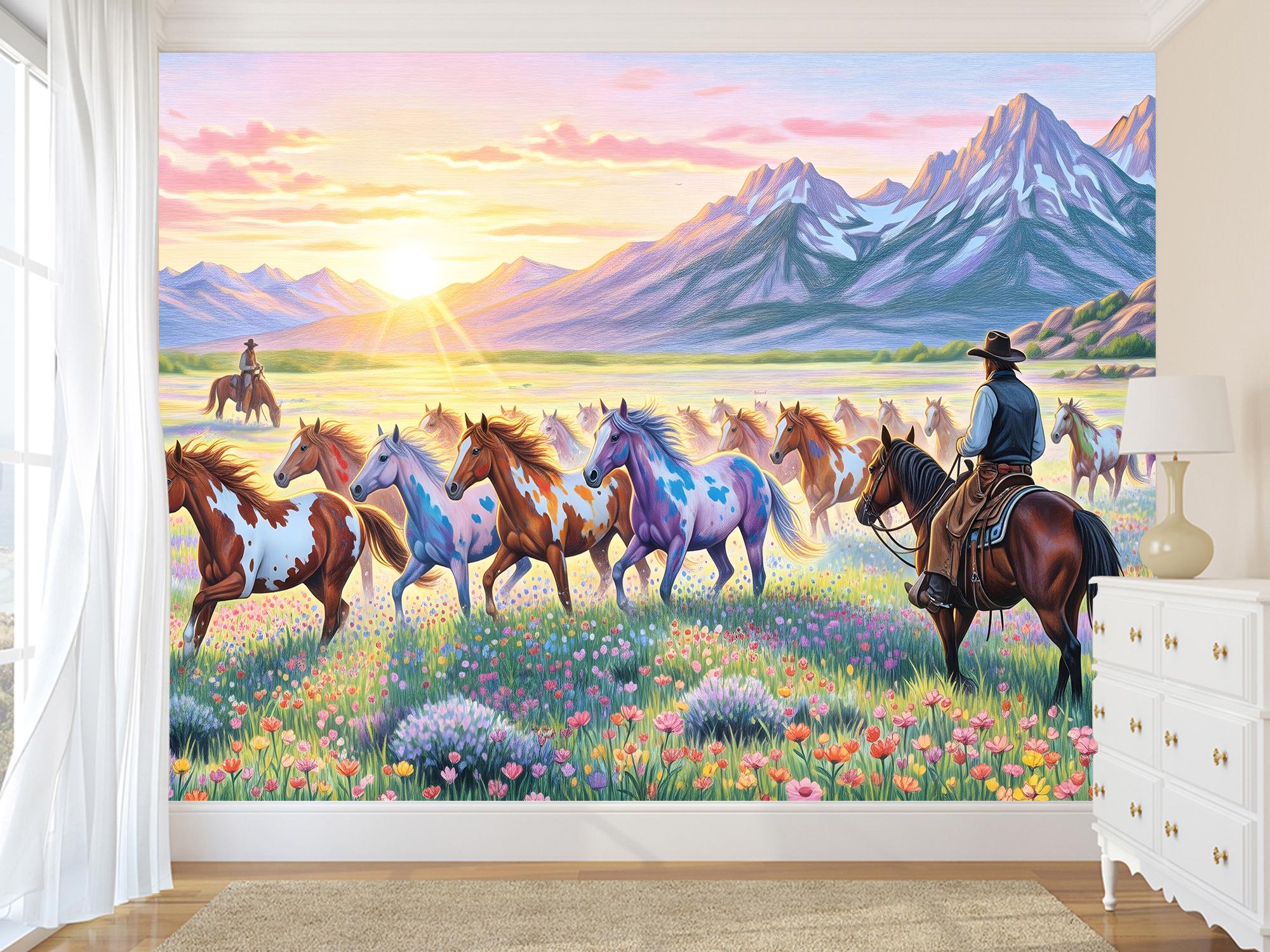 Фотообои флизелиновые Upstream Дикая мера: ковбои наблюдают за табуном лошадей 180х120 см (S5NTR-107/2) - фото 3