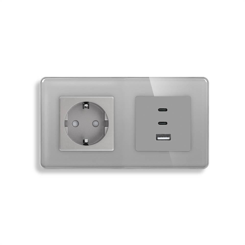 Розетка настенная ELIOS с USB-A/USB-C 65Вт дизайнерская стеклянная рамка Серый (TW-M1F65W-GY)