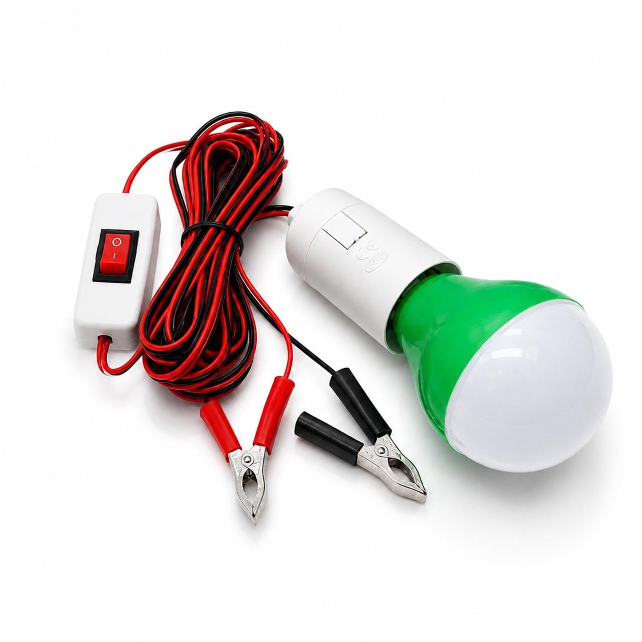 Лампа светодиодная 12V 5W под аккумулятор/патрон E27/выключатель/зажима-крокодил и кабель 4 м