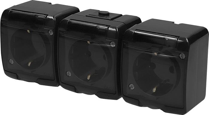 Розетка зовнішня потрійна ETI RHE-3sd-BL із заземленням/прозорою кришкою IP54 Чорний (4668092)