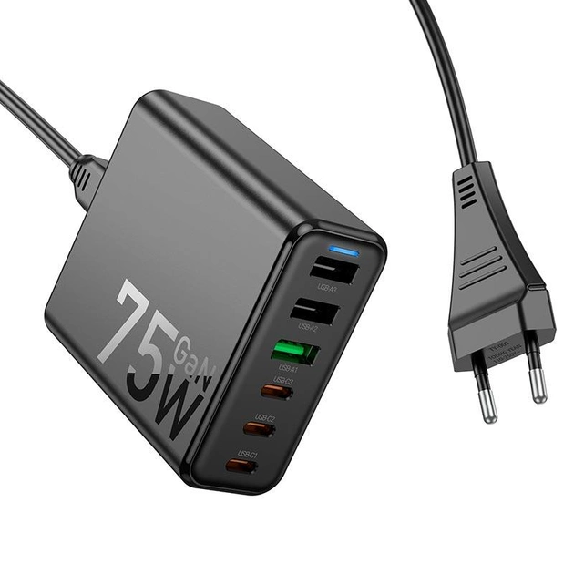 Сетевой адаптер Hoco Earl 6-port C133A USB Type-C 75W 3A Black (C133A)