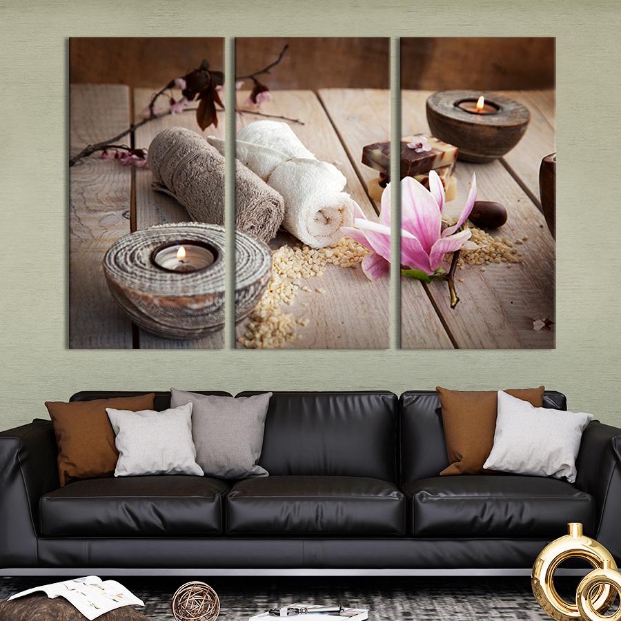 Модульная картина триптих Натюрморт с магнолией, мылом и свечами 128x81 см (65-31)