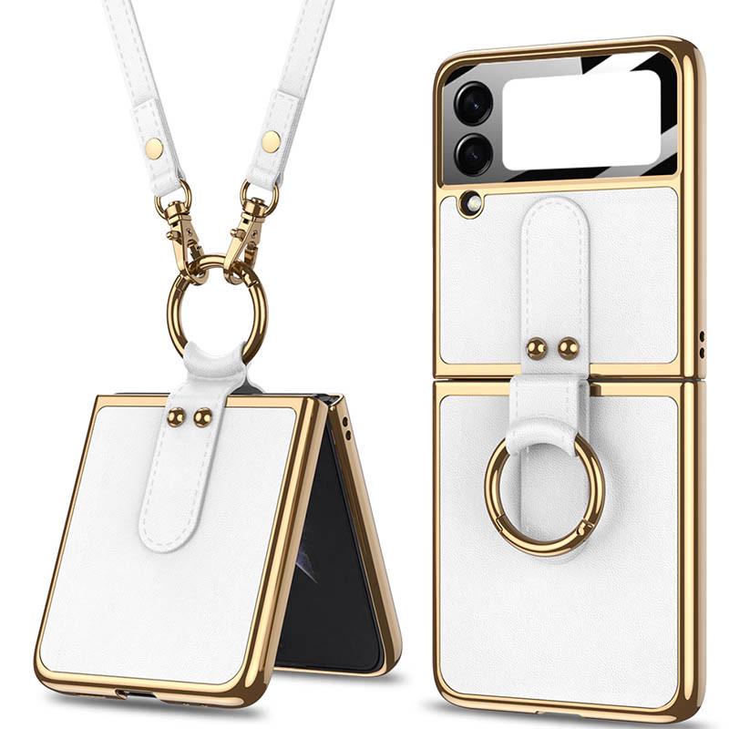 Противоударный кожаный чехол GKK with ring and strap для Samsung Galaxy Z Flip4 White