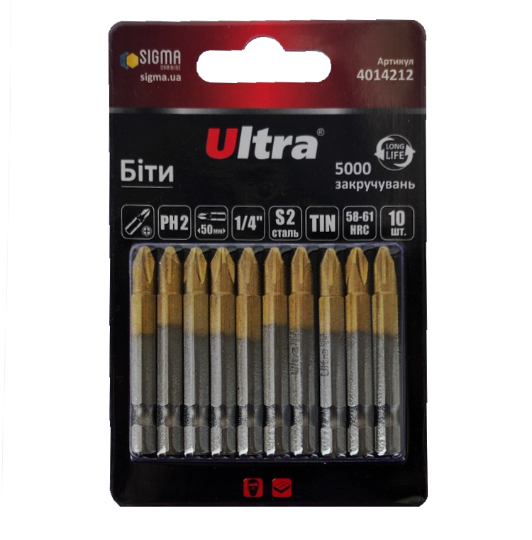 Биты Ultra РН2х50 мм сталь S2TIN 10 шт. (4014212)