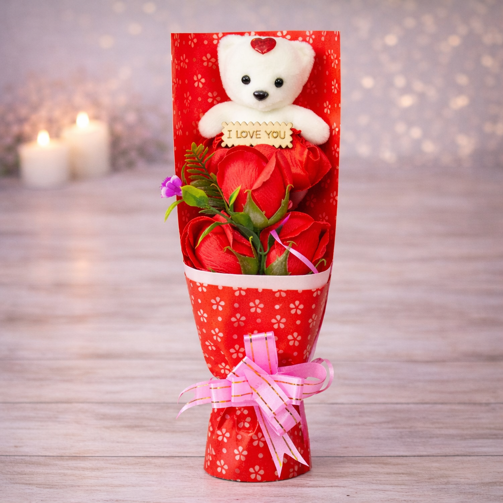 Букет із мильних троянд з ведмедиком у подарунковій коробці 3 шт. Червоний (06-F-7537r)