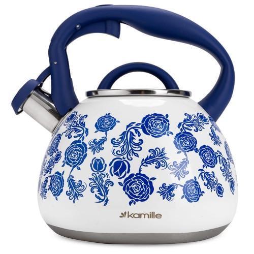 Чайник со свистом и ручкой с покрытием soft touch Kamille KM-0870 с рисунком из нержавеющей стали 2,7 л Белый (150-84-0870)
