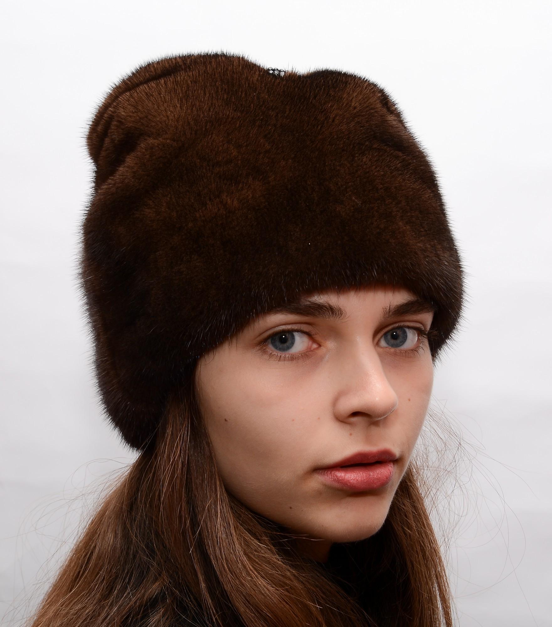 Женская кубанка Меховой стиль Рукавичка из натурального цельного меха норки Коричневый (064/1/D)