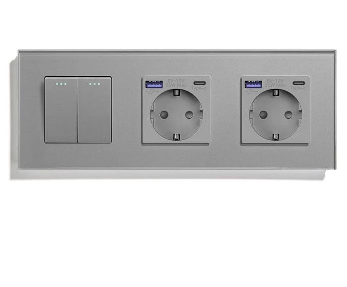 Выключатель перекрестный LUXION 2-клавишный с двумя розетками USB A+C 20Вт с заземлением стекло Серый