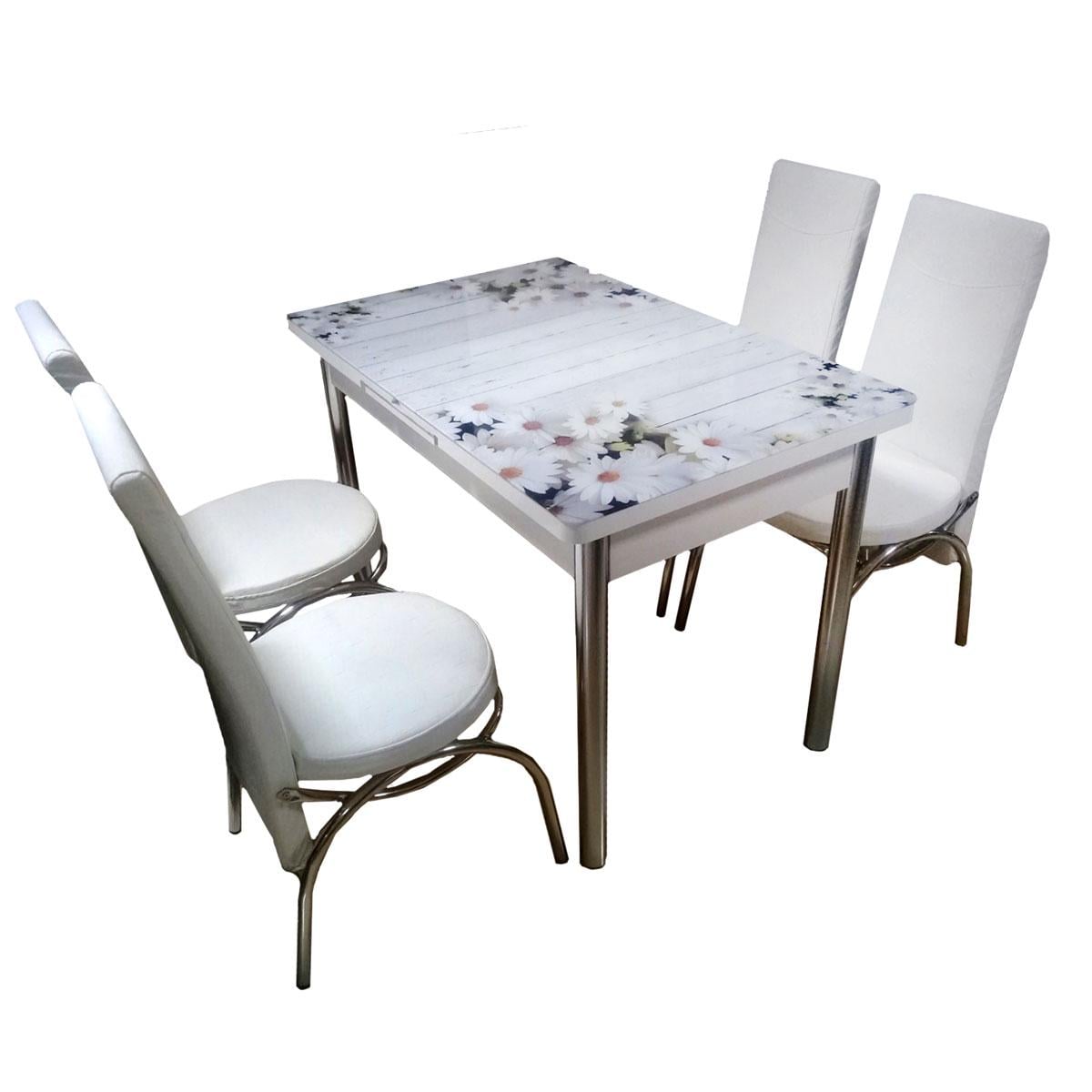 Комплект обеденный раскладной Турино (стол/4 стула) стекло/МДФ белый, металл хром Woody, 372 Ромашки