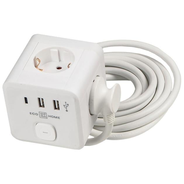 Подовжувач тримісний АСКО-УКРЕМ Ornat куб 2хUSB з з/к Type-C 3 м Білий (ECO019001015)
