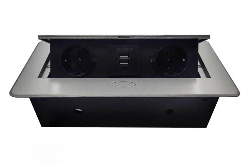 Удлинитель прямоугольный JX Ellipse на 2 розетки 2xUSB зарядки Алюминий (009614)