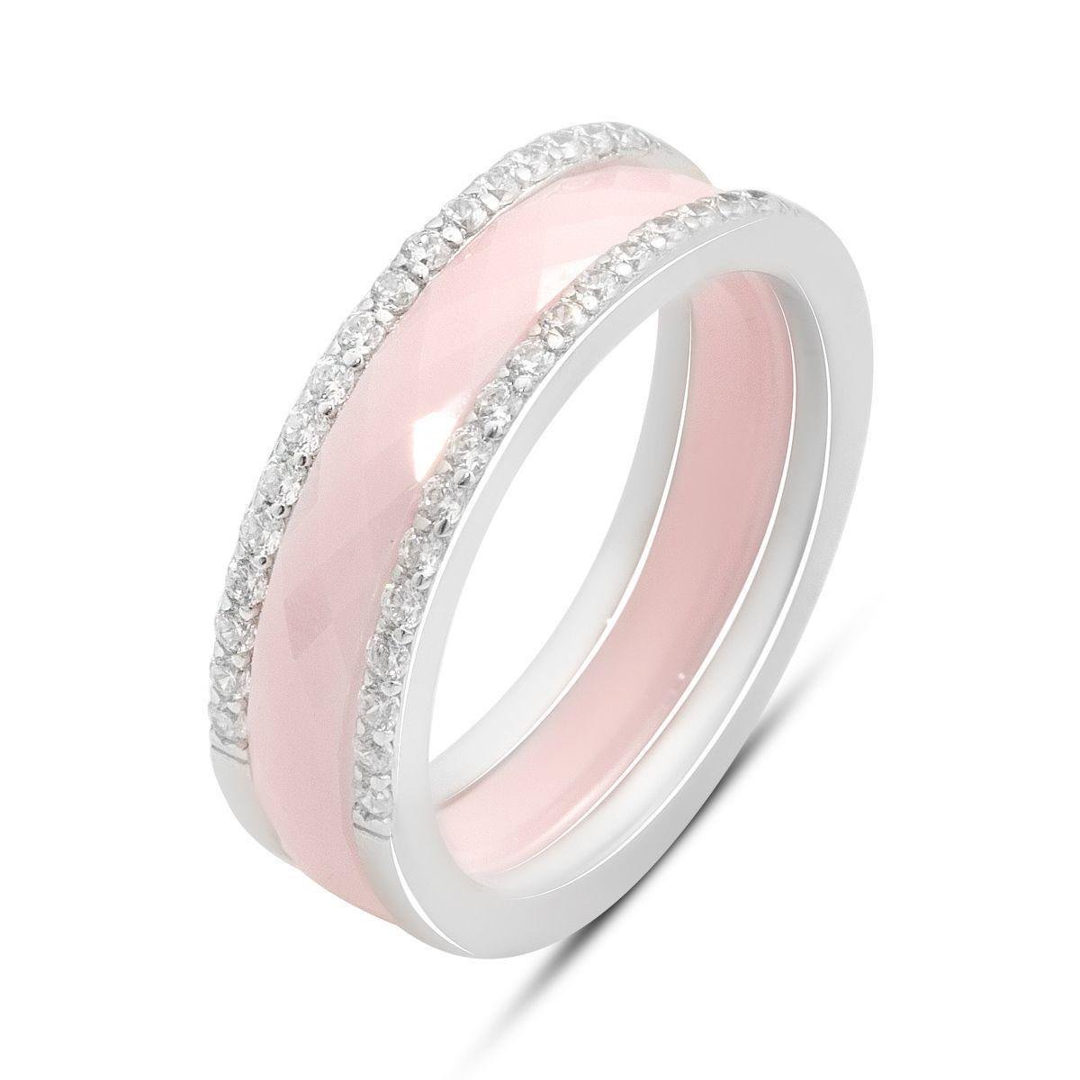 Кольцо серебряное LoveR с розовой керамикой и круглыми фианитами, объемная форма р. 18,5