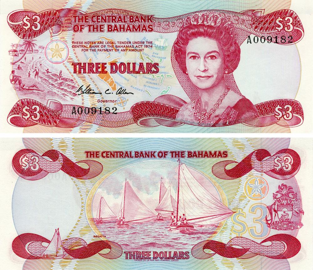 Коллекционная банкнота Багамы 3 доллара 1984 UNC P44a (Б15865)