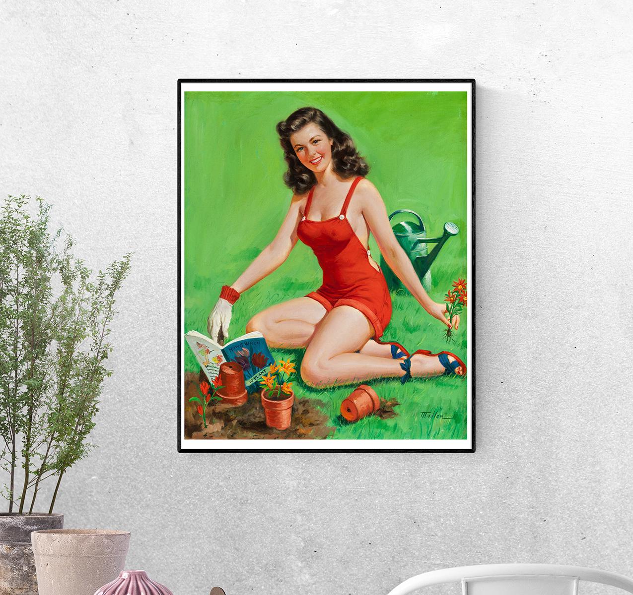 Постер Девушка в красном садит цветы. Марк Миллер формат А-0 (pin_up010202_Poster)