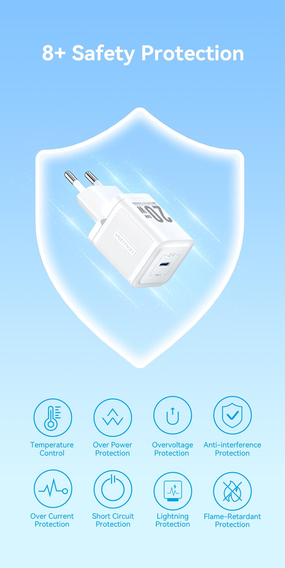 Зарядное устройство для Vention 20W GaN III Type-C 1C EU быстрая зарядка 20Вт Type-C 60Вт 1 м Белый (TZ-FEPW0-EU-01) - фото 13 Зарядное устройство для Vention 20W GaN III Type-C 1C EU быстрая зарядка 20Вт Type-C 60Вт 1 м Белый (TZ-FEPW0-EU-01) - фото 13