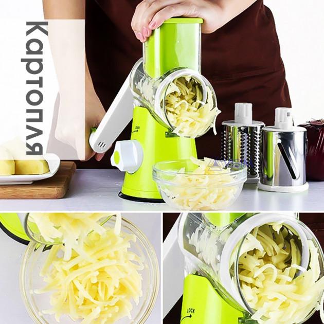 Овощерезка Tabletop Drum Grater Kitchen Master 3 насадки Зелено-белый - фото 3