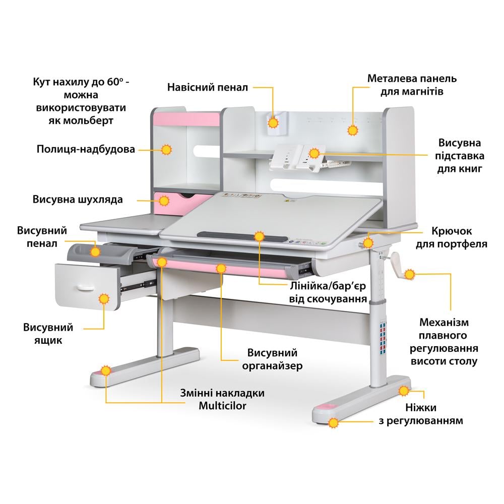 Шкільна ергономічна парта трансформер Evo-kids Florida Multicolor Рожевий (Evo-52 WG + PN Multicolor) - фото 2