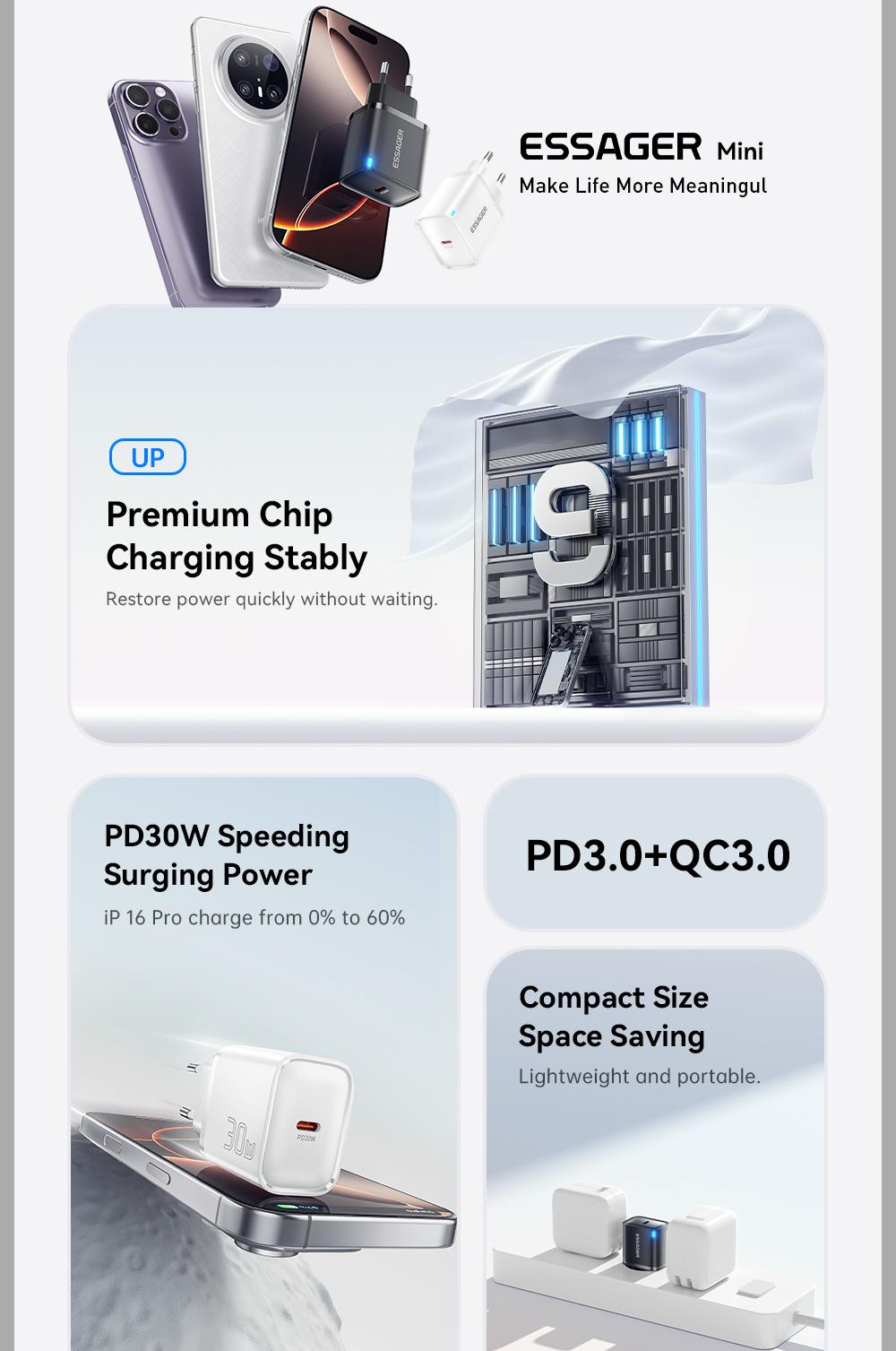 Зарядное устройство сетевое Essager Quick Charger Type-C 30 W Black (29113946) - фото 5