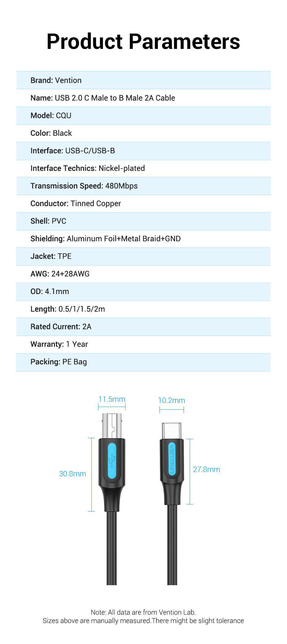 Кабель для принтера Vention Type-C-USB Type-B 2.0 5V/2A 480 Мбіт/с USB-C на USB-B 2 м Чорний (CQUBH) - фото 9
