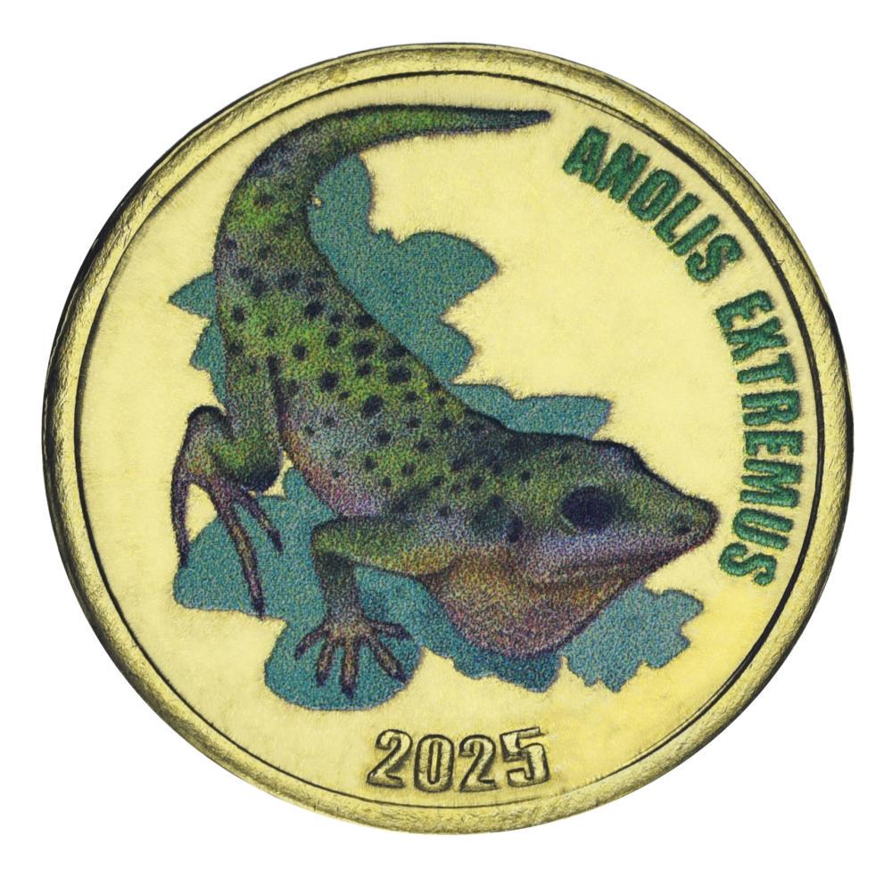 Коллекционная монета Остров Чилоэ 2 фунта 2025 UNC Чили Рептилия-Ящерица-Барбадосский анолис (М22536)