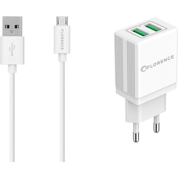 Зарядка Florence FL-1021-WM 2 USB, 2.1A, micro USB cable, White