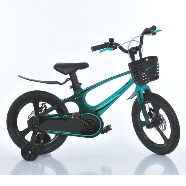Детский велосипед Profi STELLAR 18" с боковыми колесами магниевая/рама и вилка/корзина/дисковые тормоза Черно-бирюзовый (MB 181020-11)