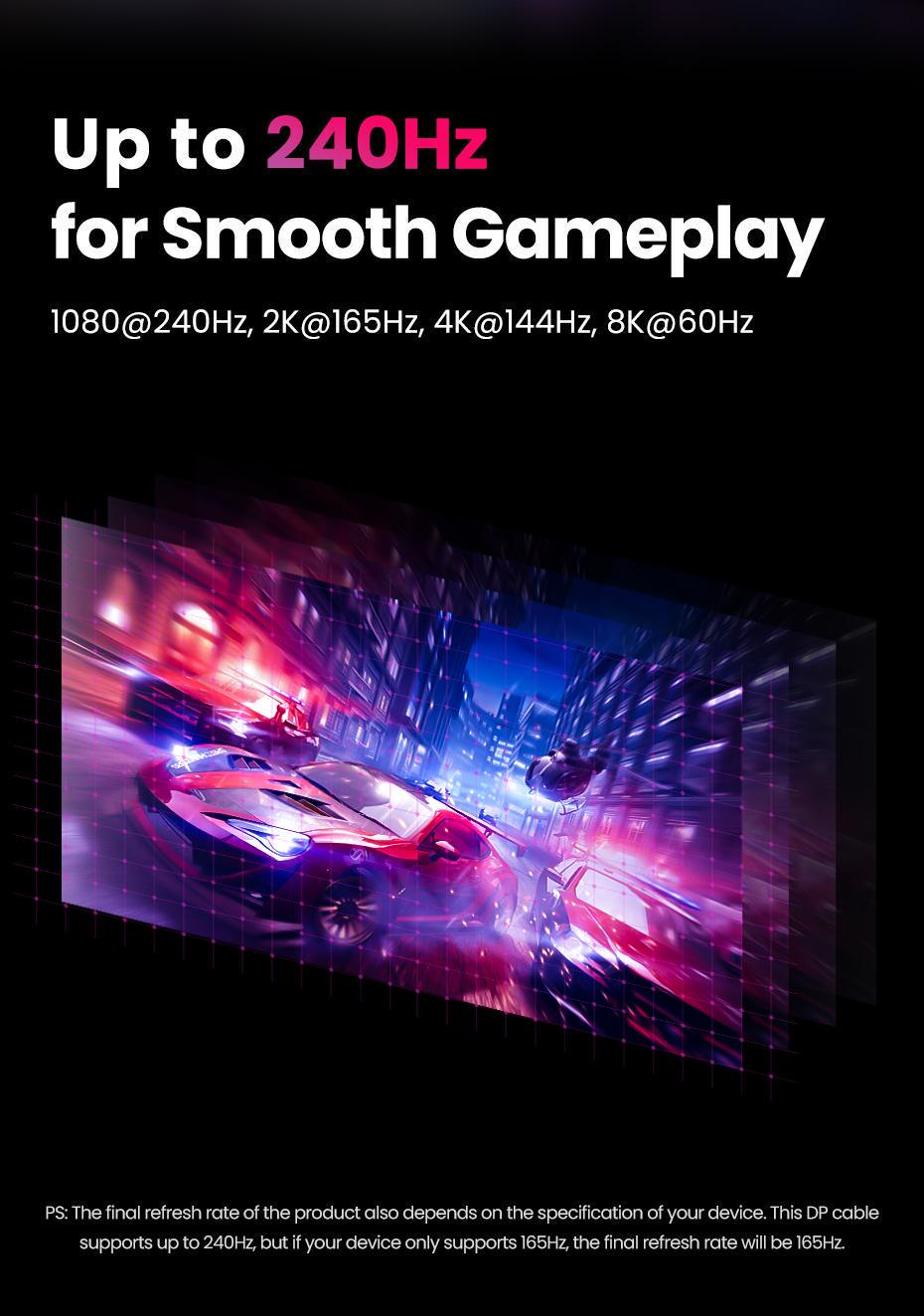 Кабель UGREEN DisplayPort 1.4 8K 60Hz 4K 144Hz 2K 165Hz 1080p 240Hz 32.4 Гбіт/с DP Dynamic HDR G-Sync Free Sync 3D 2 м Чорний (80392) - фото 15