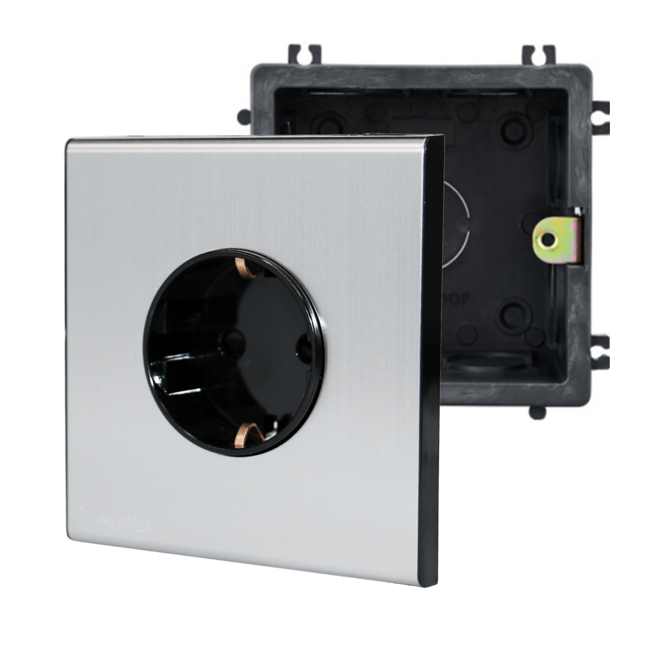 Комплект розетка MERALLI INOX із нержавіючої сталі безрамкова/підрозетник квадратний MERALLI модульний вбудований Чорний