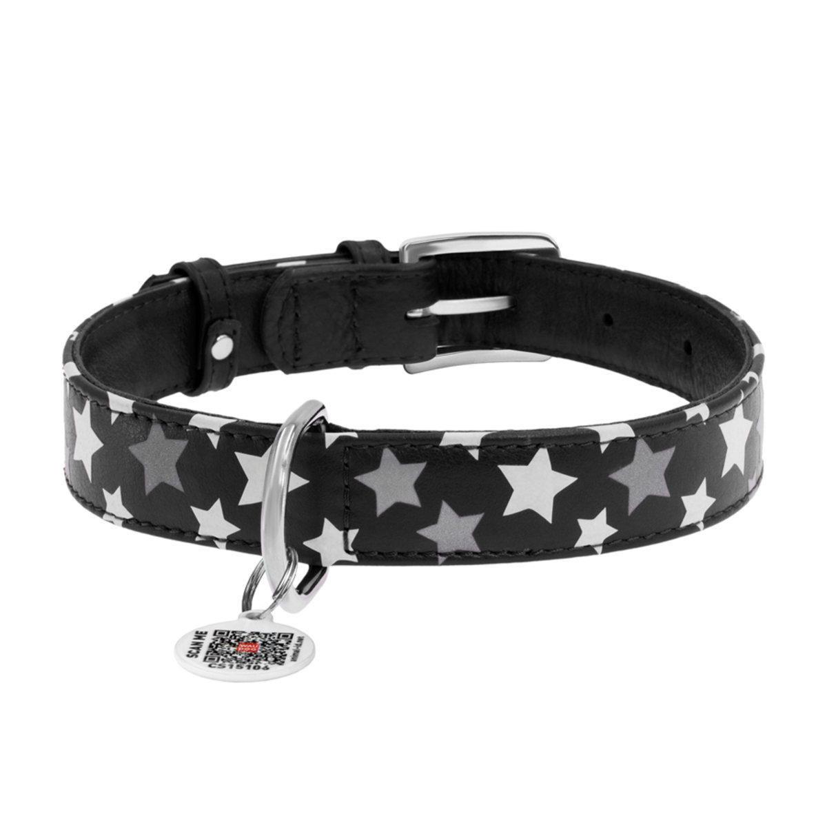 Ошейник для собак кожаный Waudog Glamour Звездочка с QR паспортом/светонакопительный/светоотражающий M 20 мм х 30-39 см Черный (35861 Col)