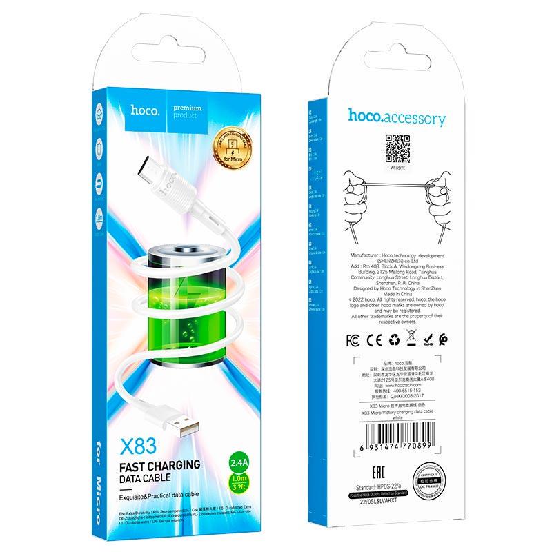 Кабель Hoco Micro USB Victory charging data cable X83 1 м 2.4A Білий - фото 4