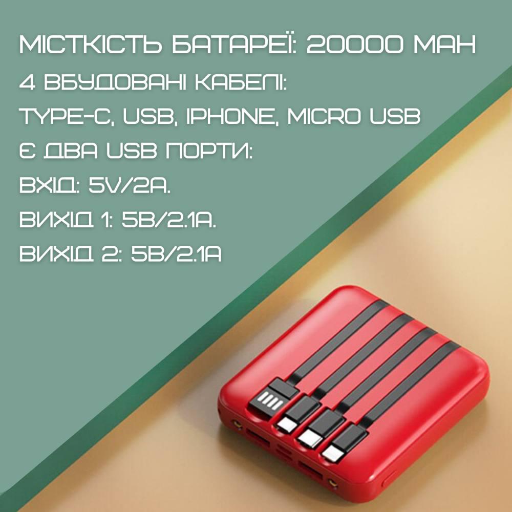 ᐉ Повербанк на 4 выхода со встроенными портами Deji Mini M20 5в1 Type-C/USB/ IPhone/Micro USB мини карманный 20000 mAh