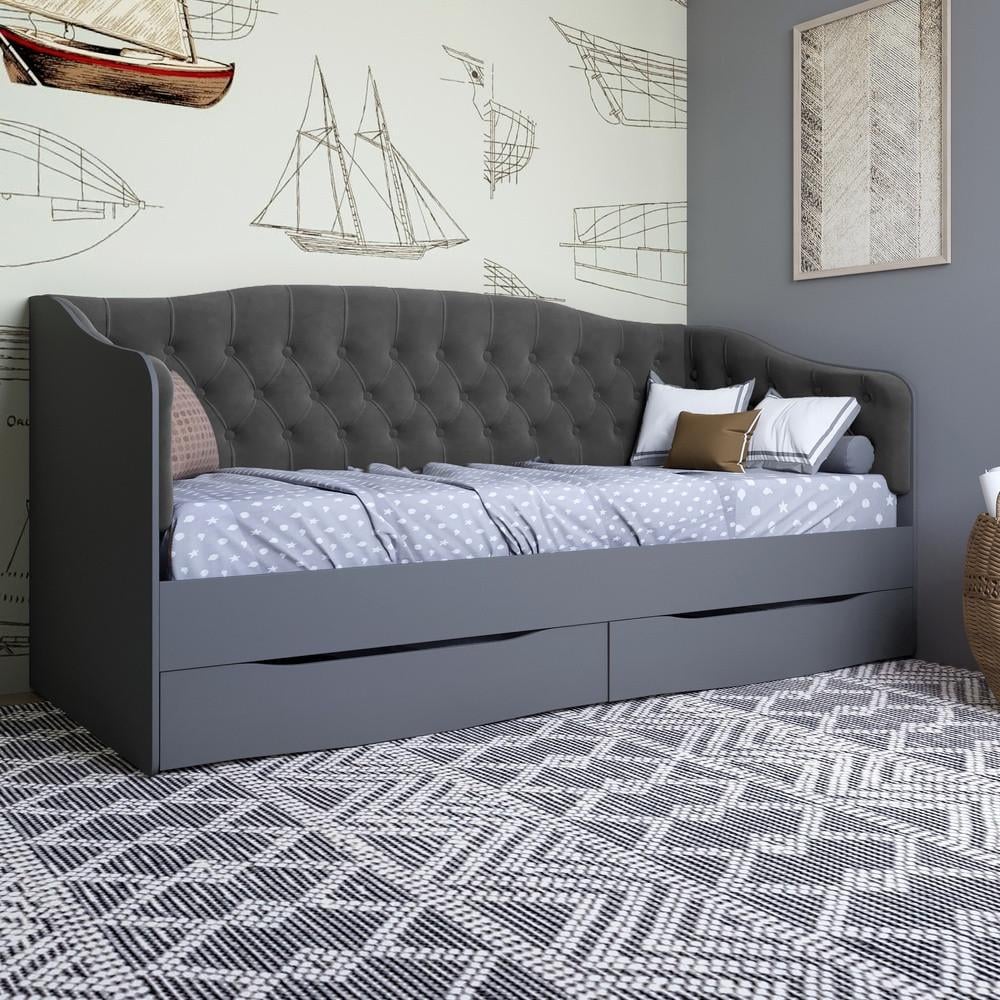 Кровать детская односпальная Lion Л-9 с мягкой спинкой и выдвижными ящиками 190x90 см Антрацит/Лили-95 (Lion-041483)