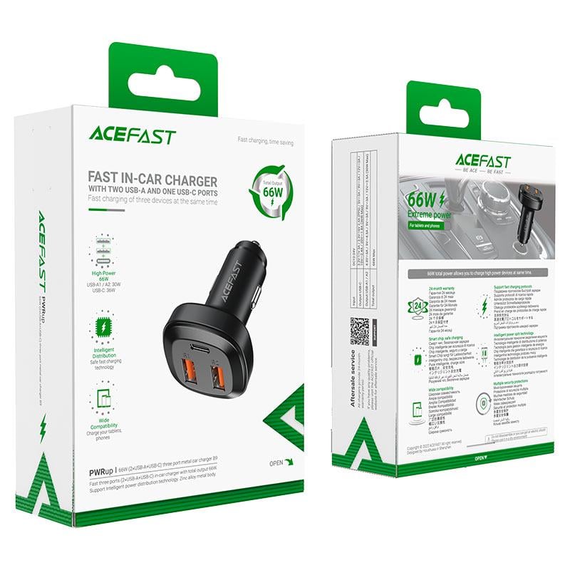 Зарядное устройство автомобильное для Acefast B9 66W 2USB-A+USB-C three port metal car charger (6974316281726) - фото 2 Зарядное устройство автомобильное для Acefast B9 66W 2USB-A+USB-C three port metal car charger (6974316281726) - фото 2