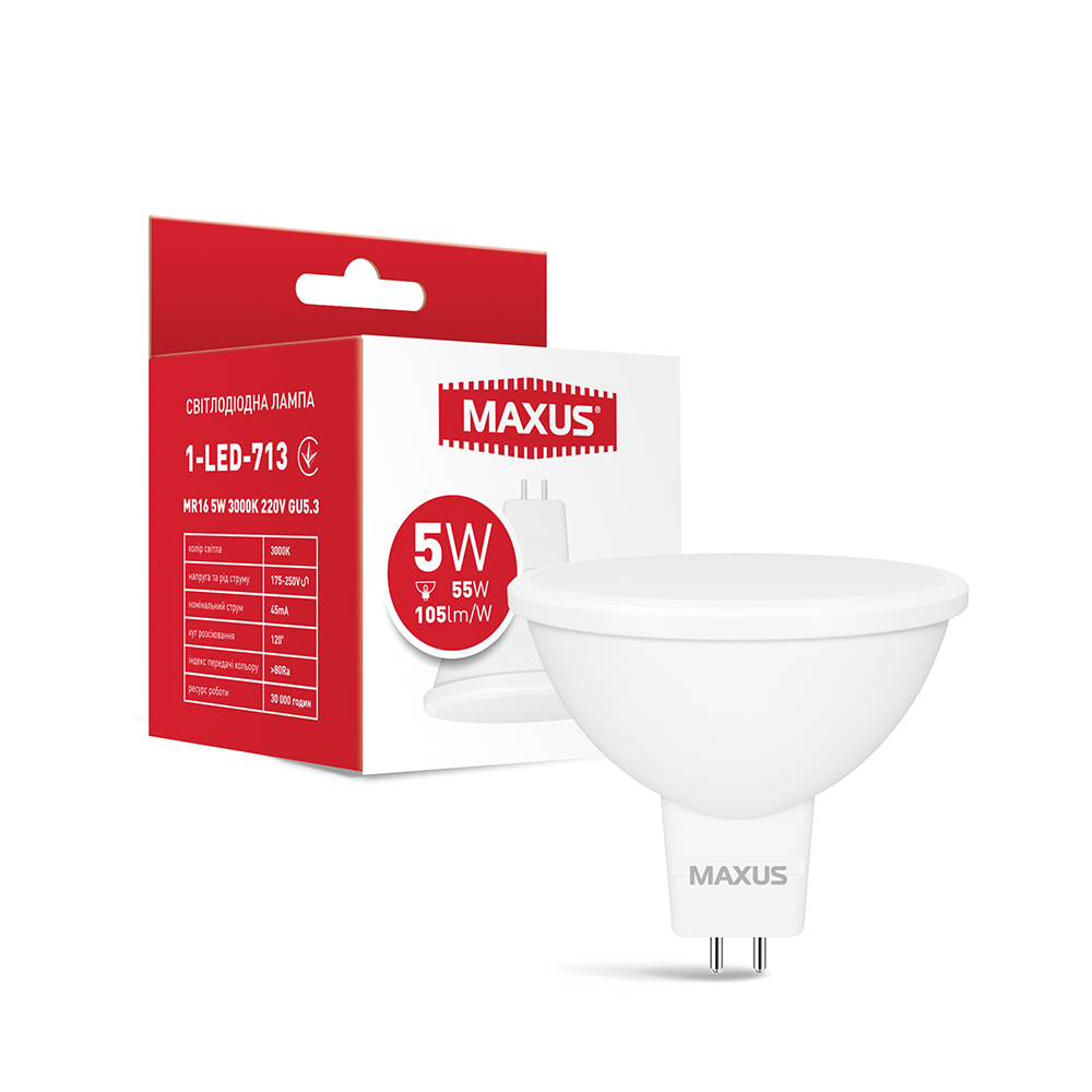 Світлодіодна лампа Maxus 1-LED-713 MR16 5W 3000K GU5.3 (27829957)