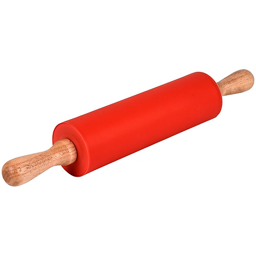 Скалка для раскатывания теста Stenson MH-2993 силиконовая с деревянными ручками 43х5,5 см Red