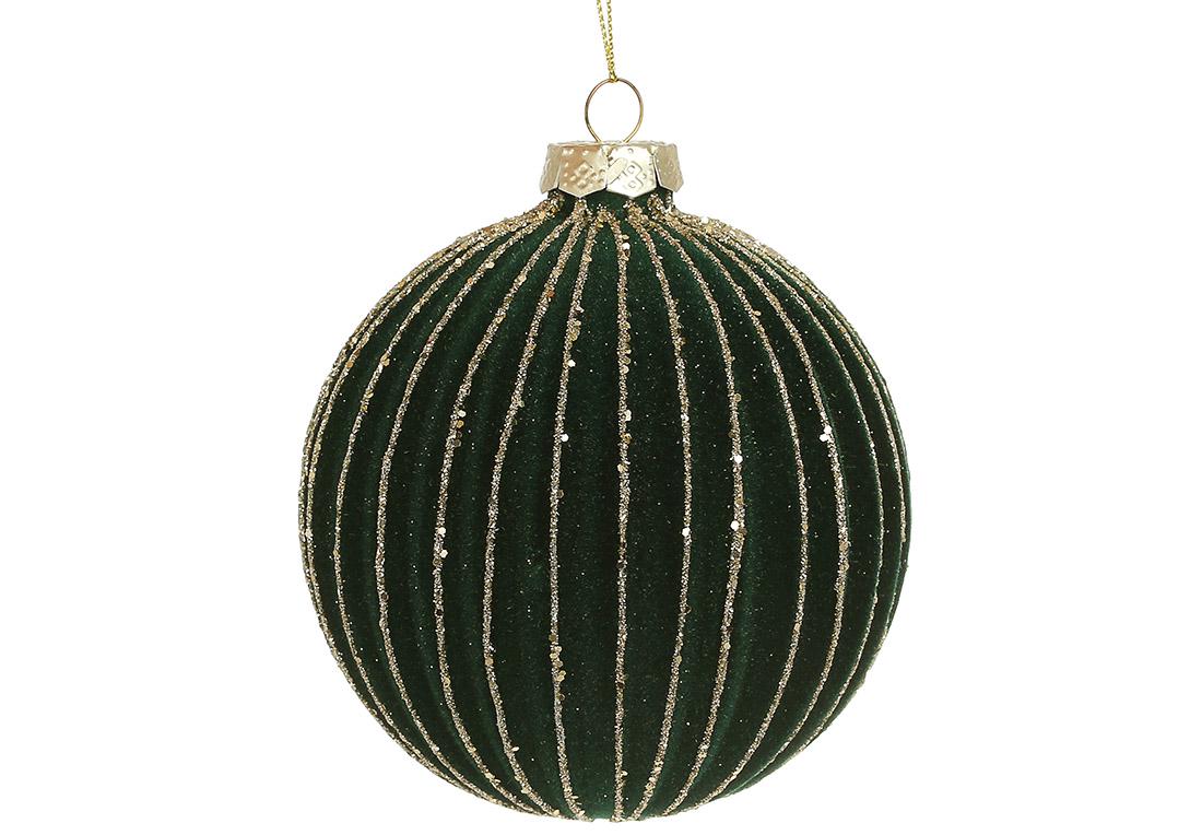 Шар новогодний BonaDi рельефной формы с бархатным покрытием и глиттерным декором 10 см Темно-зеленый (115-123)