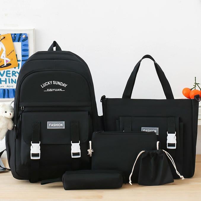 Рюкзак школьный LUCKY SUNDAY 5в1 подростковый для девочки 5-11 класс сумка-шоппер/клатч/пенал Черный (28109509)