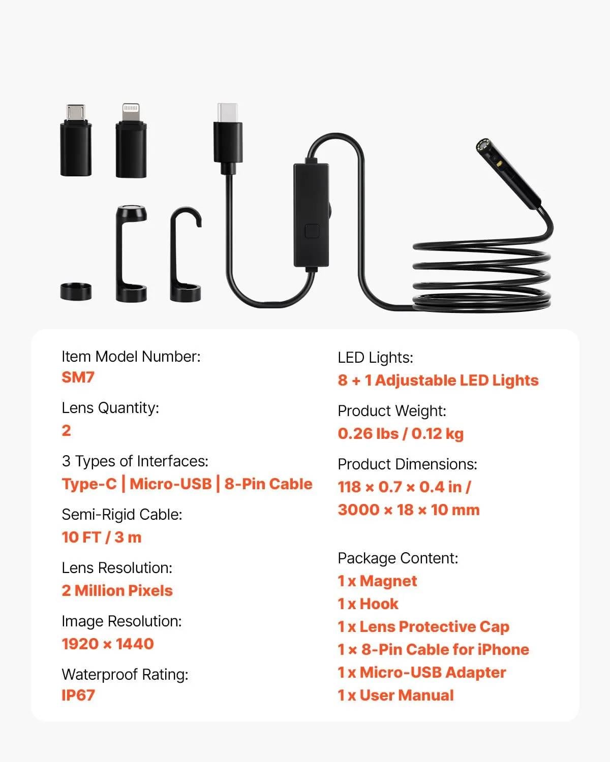 Эндоскоп USB Vevor SM7 для Android/iOS 8 мм 2 камеры 15 м (1416) - фото 10