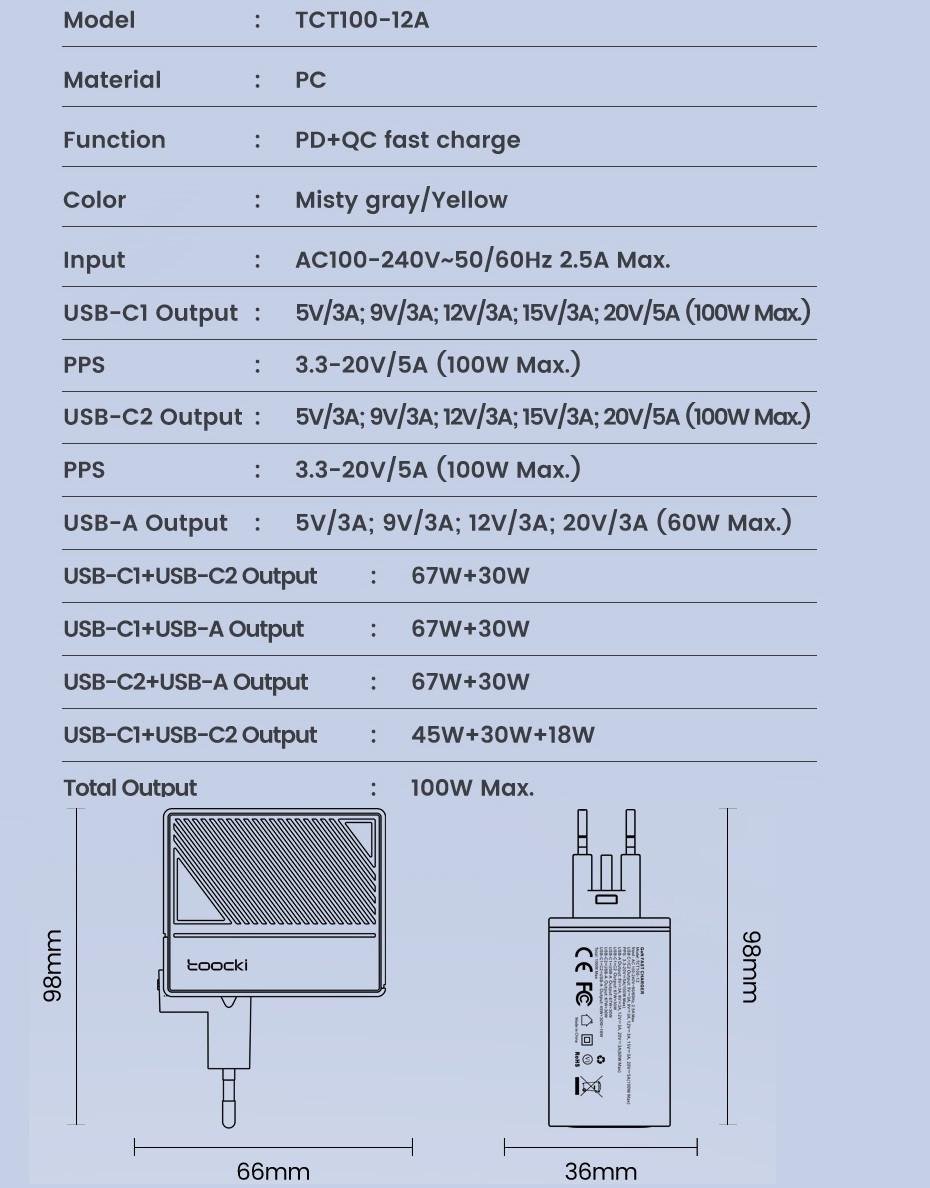 Зарядний пристрій мережевий Toocki GAN 100W 2 Type-C/1 USB з кабелем 100w (25397374) - фото 5 Зарядний пристрій мережевий Toocki GAN 100W 2 Type-C/1 USB з кабелем 100w (25397374) - фото 5
