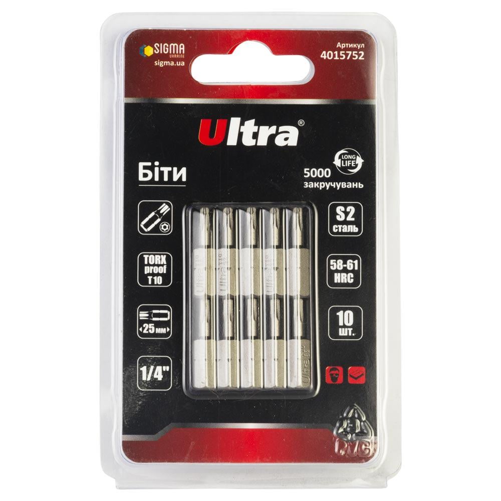 Набір біт Ultra TORX-proof 10x25 мм 1/4" 10 шт. S2 в блістері (4015752) - фото 1